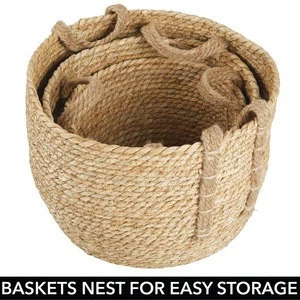 Round Woven Braided Rope Storage W/ Jute Handles Baskets Set of 3 for Organizing Closet, Bedroom, Bathroom