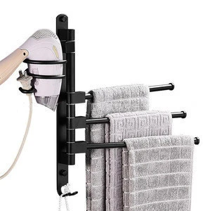 Self-adhesive Folding towel racks space saving Rotatable Towel Bars with hair dryer holder