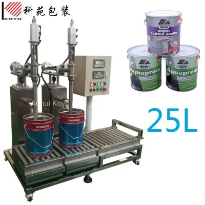 Semi Automatic 4 Head 25L Liquid Paste Filling Packing Machine Line in Drum Bucket Bottle for Packaging Sauce, Juice, Ketchup, Milk, Palm Oil, Paint