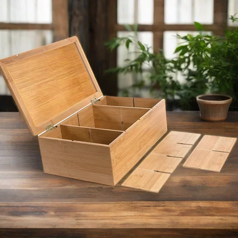 SOPEWOD Eco-Friendly Natural Bamboo Tea Box with Clear Lid 8-Compartment Rectangle Kitchen Candy Box for Multi-Use Accessories