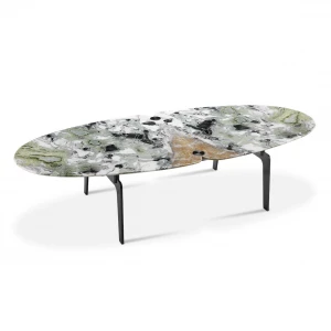 ST915 Modern oval cold emerald natural marble top coffee table with brushed stainless steel base