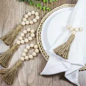 Summer Annes European and American Natural Wood Napkin Buckle Pastoral Style Wood Bead Tassel Wooden Napkin Rings