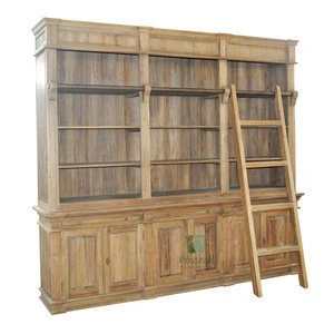Teak bookcase cabinet with ladder library indoor furniture Indonesia