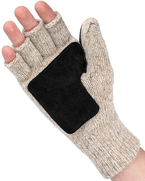 Thinsulate Insulated Knitted Grip Suede Palm patched Convertible Ragg Wool Mittens Winter fingerless Glove Cold store freezer