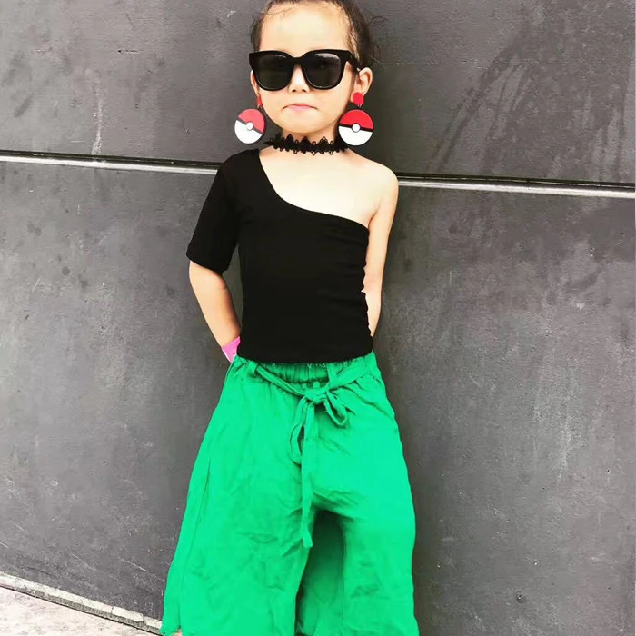 Toddler to Kid Girl Summer Top Cute Soft Cotton Off the Shoulder Black Shirt for Summer