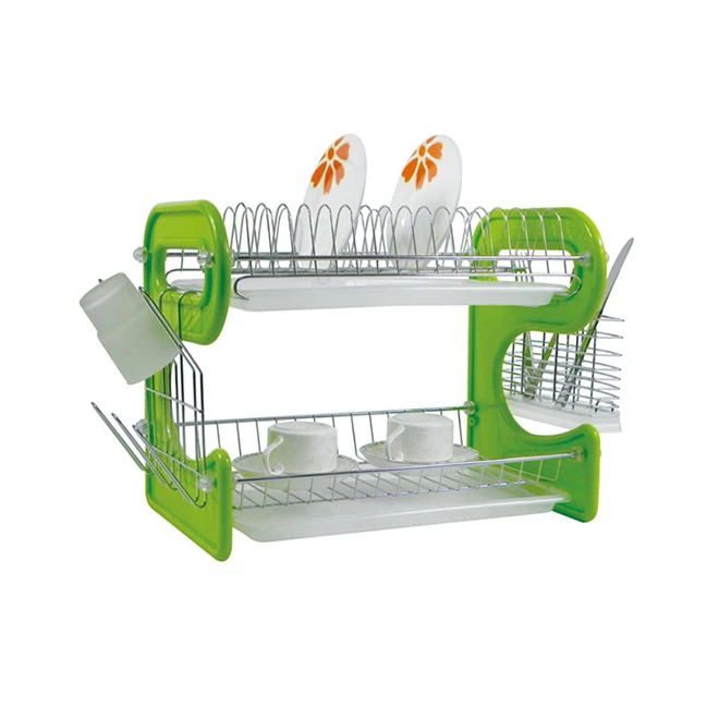 Two tier stainless steel plastic dish rack with tray and cutlery holder
