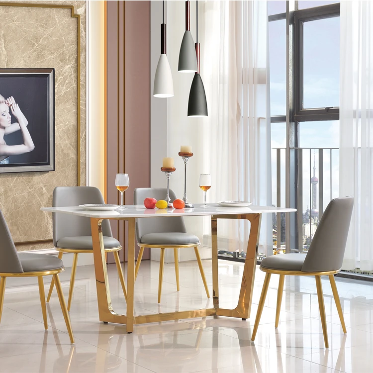 Ultra Modern Dining Room Small Apartment Furniture Gold Chrome Stainless Steel Base  Marble Top Dining Table