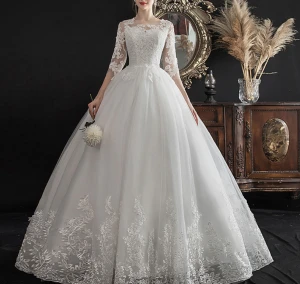 W1001 women mid long sleeve vestido de amazing bandage lace wedding dress wedding gown bridal dress without veil