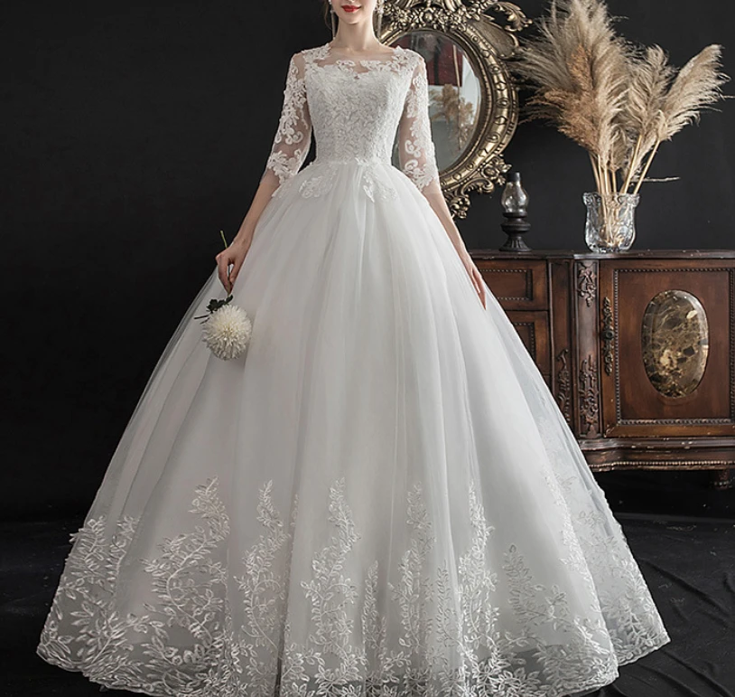W1001 women mid long sleeve vestido de amazing bandage lace wedding dress wedding gown bridal dress without veil