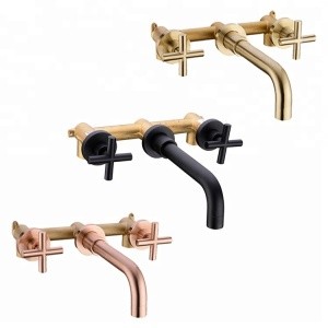 Wall Mounted 2 Handle Bathroom Basin Faucet Hot  Cold Mixer Tap, Black and Brushed Gold and Brushed Rose Gold, Dual Handle