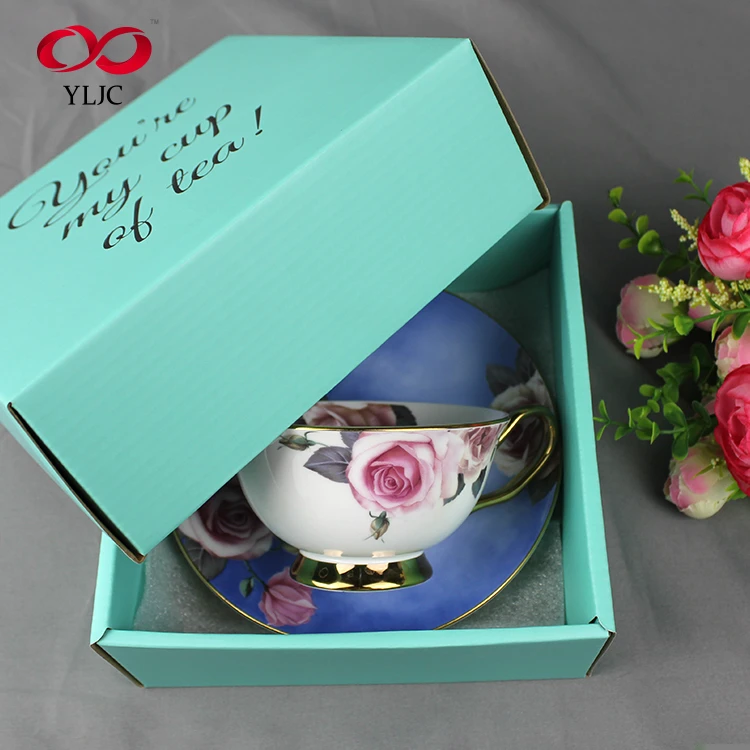 wholesale colorful ceramic tea cups and saucer red rose bone china tea cup set