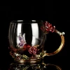 Wholesale Gift Enamel Glass Rose Tea Coffee Enamel Glass Cups With Handle