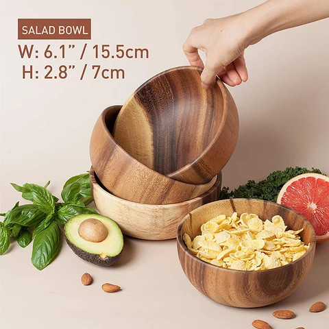 Wholesale 100% Natural Eco Friendly Custom Logo 6.3 Inch Acacia Wooden Fruits Oatmeal Snack Dough Salad Bowls