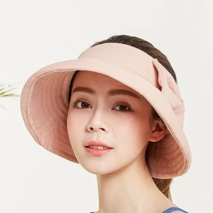 wholesale Summer outdoor female sun cap round head empty top sun hat big brim visor with bowknot/Trendy solid color bow visor.