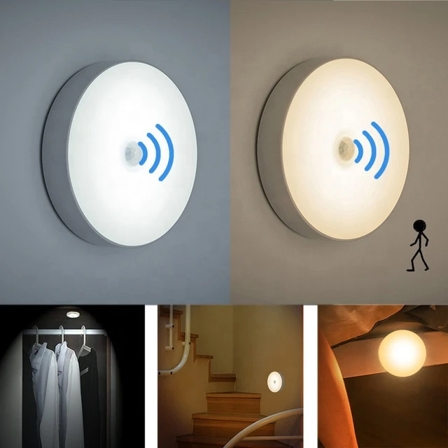 Wireless USB Rechargeable Battery Powered Under Cabinet LED Lights Motion Sensors Round Nightlight