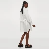 Womens Solid White Color Worsted Cotton Button Down Belted Straight Casual Short Shirt Dress