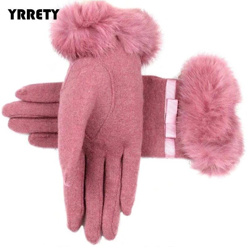 YRRETY  Winter Elegant Cute Fur Warm Mittens Female Bowknot Genuine Rabbit Fur Soft Woolen Ladies Wrist Gloves Pure Color
