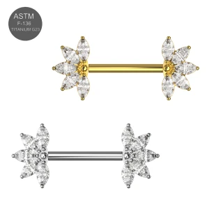 Marquise CZ Forward Facing Fan Ends Implant Grade Titanium Threadless Push In Nipple Barbell