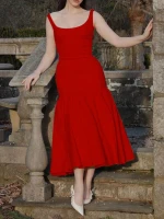 women's dress red sundress spring women's dress slim hip wrapping midi skirt