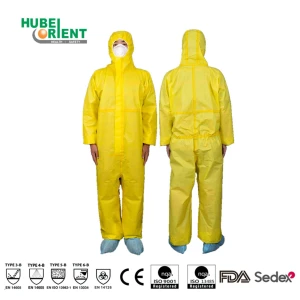EN14126 Type3B Yellow Hooded Disposable PP+PE Chemical Coverall