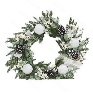 Puindo Artificial Christmas Decor Wreath with Pine Cone, White Balls, Bow and Berries K2