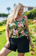 Premium Into The Lagoon Banded Scoop Blouson Tankini Top