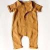 100% linen neutral baby rompers , good quality mustard short sleeve baby jumpsuit for newbron baby
