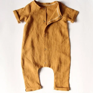 100% linen neutral baby rompers , good quality mustard short sleeve baby jumpsuit for newbron baby