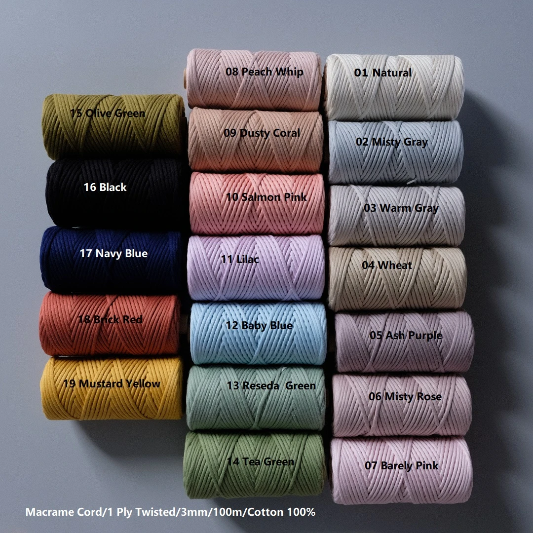 20 Colors 3mm 100m Single Strand Colored Macrame Cord 1Ply Premium Soft Cotton Rope for Wall Hanging Craft Artisan Project