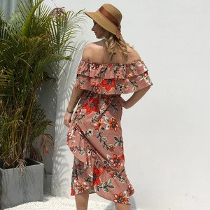 2019 Summer new style off shoulder strapless chest wrapped ruffles chiffon printed ball gown splicing long skirt women dresses