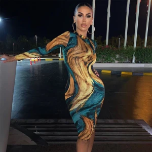 2020 Long Sleeve Aesthetic Print Bodycon O Neck Sexy Midi Outfits Autumn Winter Women Trendy Party Evening Dress