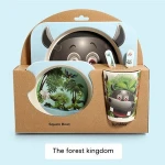 2020 Top Seller Hot New Cartoon Bamboo Fiber Children Tableware Dishes Fork Spoon Dish Bowl Cup Dining Table Set 5pcs Set