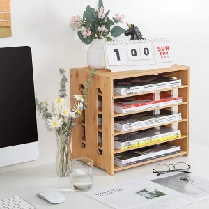 2021 Custom High Quality Document holder bamboo 5 compartments brochures magazines rack letter tray