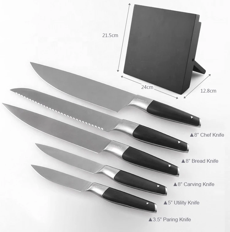 2021 FASAKA Yangjiang New Classic 5pcs Chef Slicing Bread Utility Paring Kitchen Knife with Foldable Magnet Wood Block Set