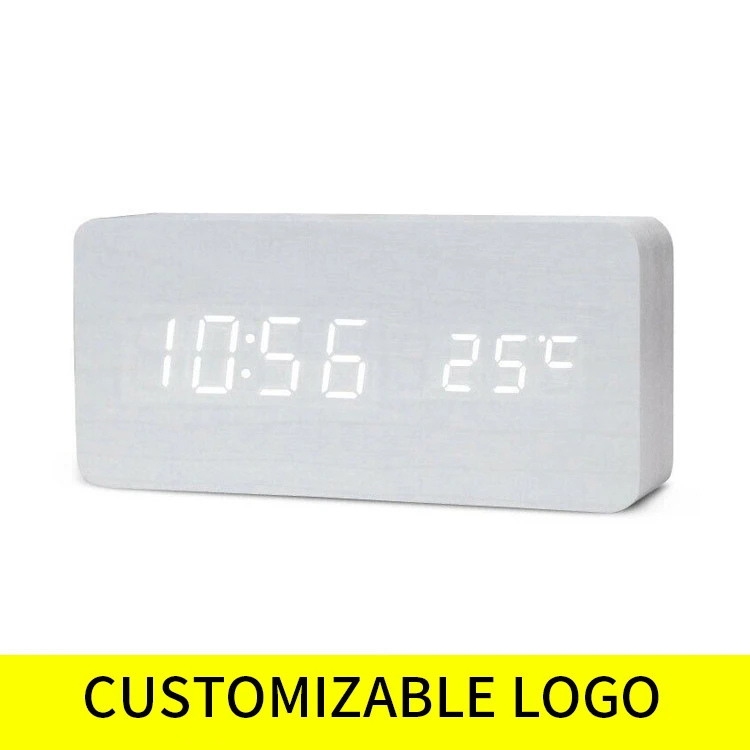 2021 New Wooden LED Display Alarm Clock Digital Logo Custom Promotional