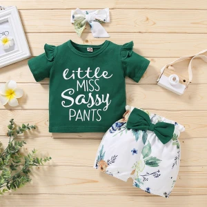 2021 Summer Kids Letter Print  Short Sleeve T Shirt Shorts Sports 3PCS Suits Children Infant Clothes Girls Clothing Sets