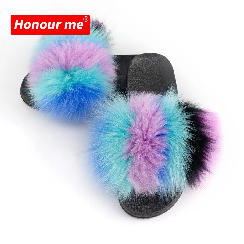 2021 womens sandals wholesale Fur slides womens slippers real fox colorful slides jelly bag kids adult soft shoes fur slippers