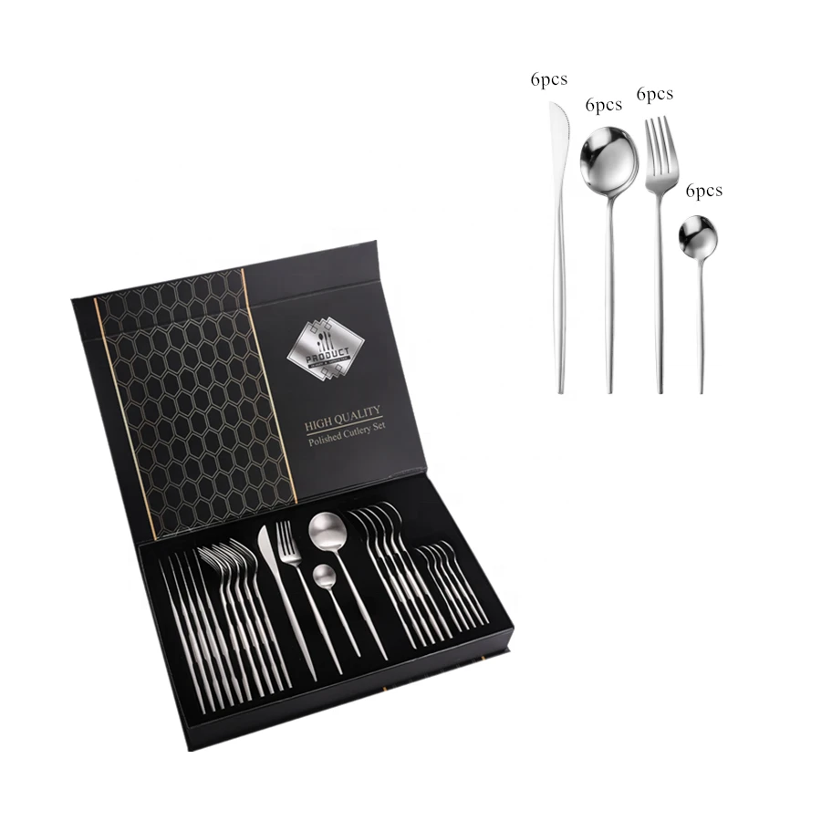 24pcs Stainless Steel Tableware Kitchen Cutlery Gold Cutlery Dinner Set Flatware Spoon Fork Knife With Gift Box