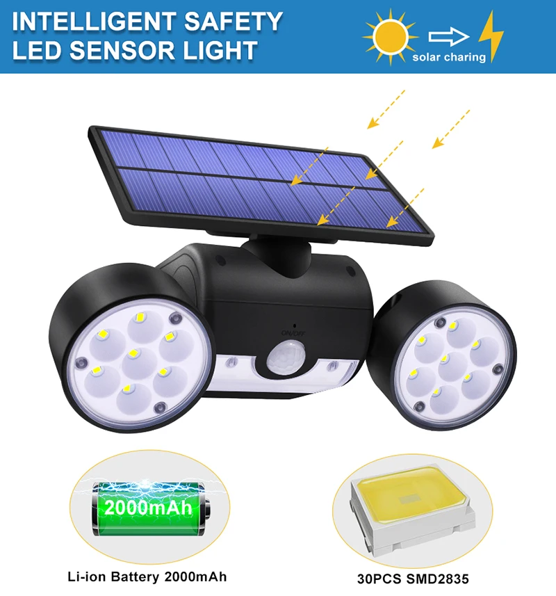 30Led Double Head Solar Light Motion Sensor Wall Lamp Security Light Waterproof Ip65 Adjustable Spot Light