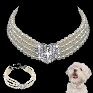 4 Rows  Dog Pearls Necklace Jewelry - Bling Dog Wedding Collar for Small Dogs Girl with Rhinestone Heart Charm