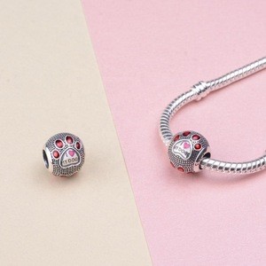 925 Sterling Silver Red Enamel Pets Dog Footprint Charm beads fit Bracelets