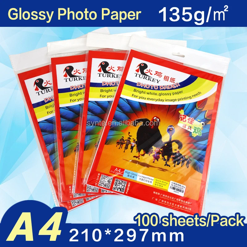 A4 Inkjet paper 135G Glossy Photo Paper 210x 297mm 100 sheets per pack with waterproof colorful bag