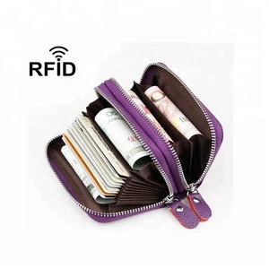 Accordion Women&#39;s Genuine Leather RFID Blocking Credit Card Holder Zip Around Small Wallet For Women