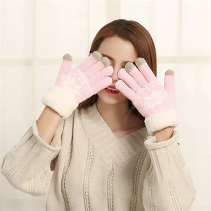 Autumn and winter new thick warm gloves with touch screen plus cashmere snowflake pattern ladies hand gloves