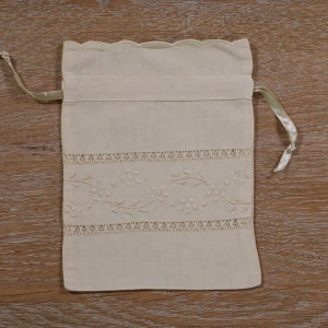Beige Ramie Cotton Hand Embroidery Gift Bags, Sachet Bags, Travel Pouch Drawstring Linen Bags