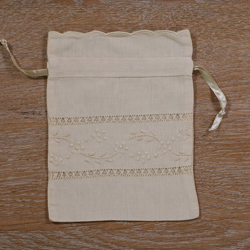 Beige Ramie Cotton Hand Embroidery Gift Bags, Sachet Bags, Travel Pouch Drawstring Linen Bags