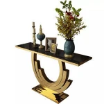 Cheap Modern Fancy Narrow Wall Tempered Glass Stainless Steel Console Table With Shelf Design