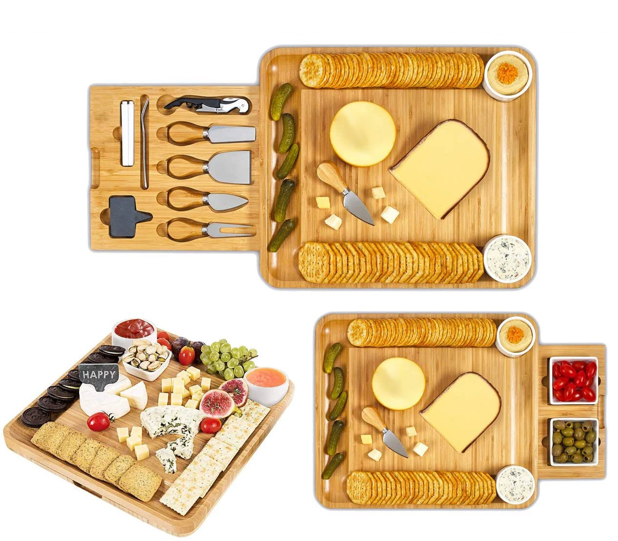 Cheese Board 2 Ceramic Bowls 2 Serving Plates  Magnetic 2 Drawers Bamboo Charcuterie Cutlery Knife Set