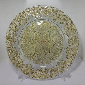 custom large crystal colored glass gold rim glass charger plates  beaded