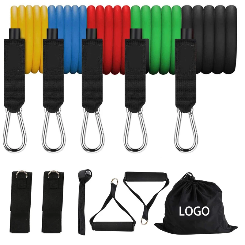 Custom Logo Strength Training Pull Rope Band Bandas Resistencia Fitness Tension Band With Carabiner Hook Resistance Bands 11 Pcs